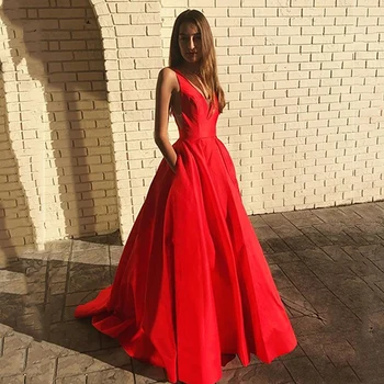 Сексуальное красное атласное коктейльное платье с иллюзионным V-образным вырезом и карманами длиной до пола Праздничное свадебное платье для гостей Вечерние платья для выпускного вечера 2022