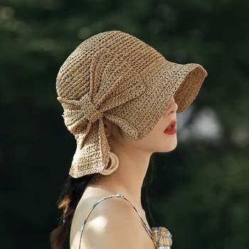 Солнцезащитная Шляпа ручной работы из 100% Рафии с бантом и Широкими полями, гибкие Летние Шляпы Для женщин, Пляжная Панама, Соломенная шляпа-ведро с куполом, Женская шляпа-тент