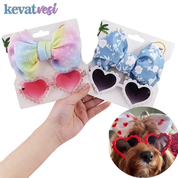 Солнцезащитные очки для домашних собак, милая повязка для собак и кошек, аксессуары для волос с бантом, очки в форме сердца, реквизит для фотосъемки, принадлежности для собак