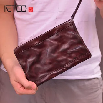 Тонкие сумки AETOO ручной работы в стиле ретро, модные сумки из кожи верхнего слоя, мужские клатчи, кожаные складки