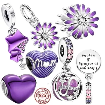 Фиолетовая серия Daisy MOM в форме сердца, очаровательная бусина, Пятиконечная звезда, Серебро 925 пробы, оригинальный браслет Pandora, ювелирные изделия своими руками