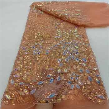  Французская кружевная тюлевая ткань с блестками 2023 Высококачественная африканская роскошная ткань с вышивкой из бисера для пошива платья RF3750