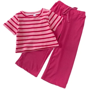 Хлопковая одежда для маленьких девочек, летние футболки с короткими рукавами и широкие брюки, комплект одежды в полоску, Детский Топ, брюки, Костюм для отдыха