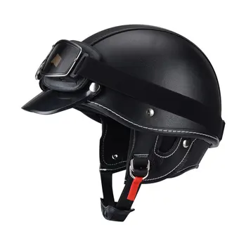 Шлем на половину лица для мужчин, кожаные низкопрофильные мотоциклетные шлемы с защитными очками, Бесплатная доставка, Ретро мотоциклетный шлем, одобренный DOT