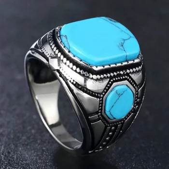Этнический Серебристый Цвет, Металлические кольца ручной работы, панк-кольца для мужчин, Винтажные Квадратные кольца с инкрустацией из синего камня, ювелирные изделия